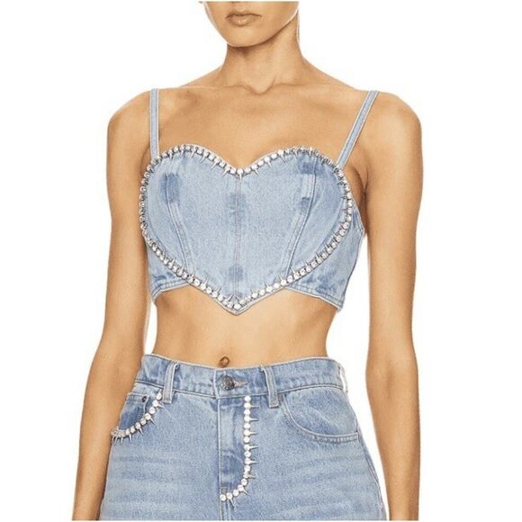 AREA NYC Crystal Trim Denim Heart Corset Top Light Blue Size 4 Rare & Chic - Picture 1 of 15